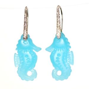 Cultured Sea Glass Bright Blue Seahorse Earrings